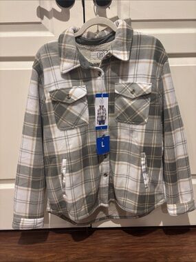 Beige and Grey Plaid Button-Up Jacket
